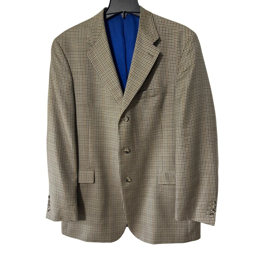 Tommy Hilfiger Vintage 100% Wool‎ Houndstooth Sport Coat Blazer 44L Brown Blue